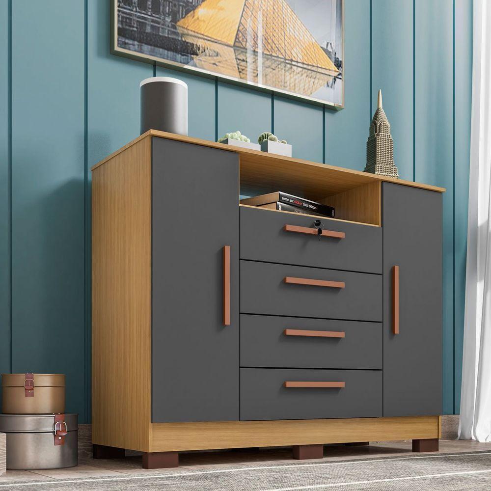 Cômoda Rack Madri 2 Portas 4 Gavetas - Casa Chick Carvalho Americano-grafite - 2