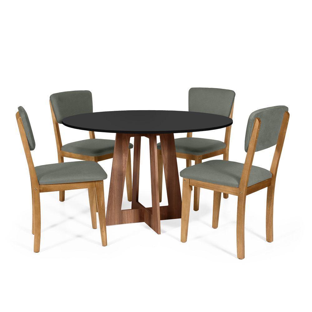 Mesa De Jantar Redonda Montreal Pret/nor Com 4 Cadeiras Estofadas Ella Cinza - 1
