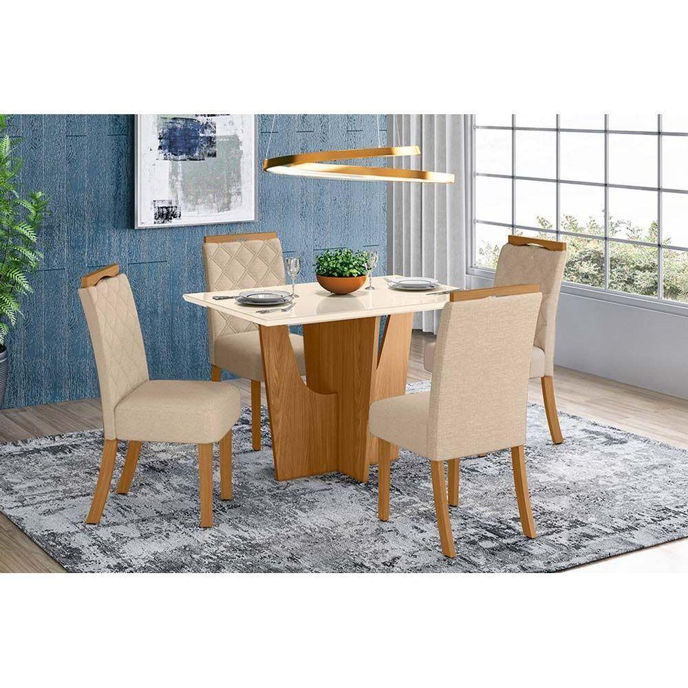Sala de Jantar Completa Vértice Tampo Madeirado c/ Vidro Canto Reto 120x80cm e 4 Cadeiras Bella Nature/Veludo Light Linho - Henn - 1
