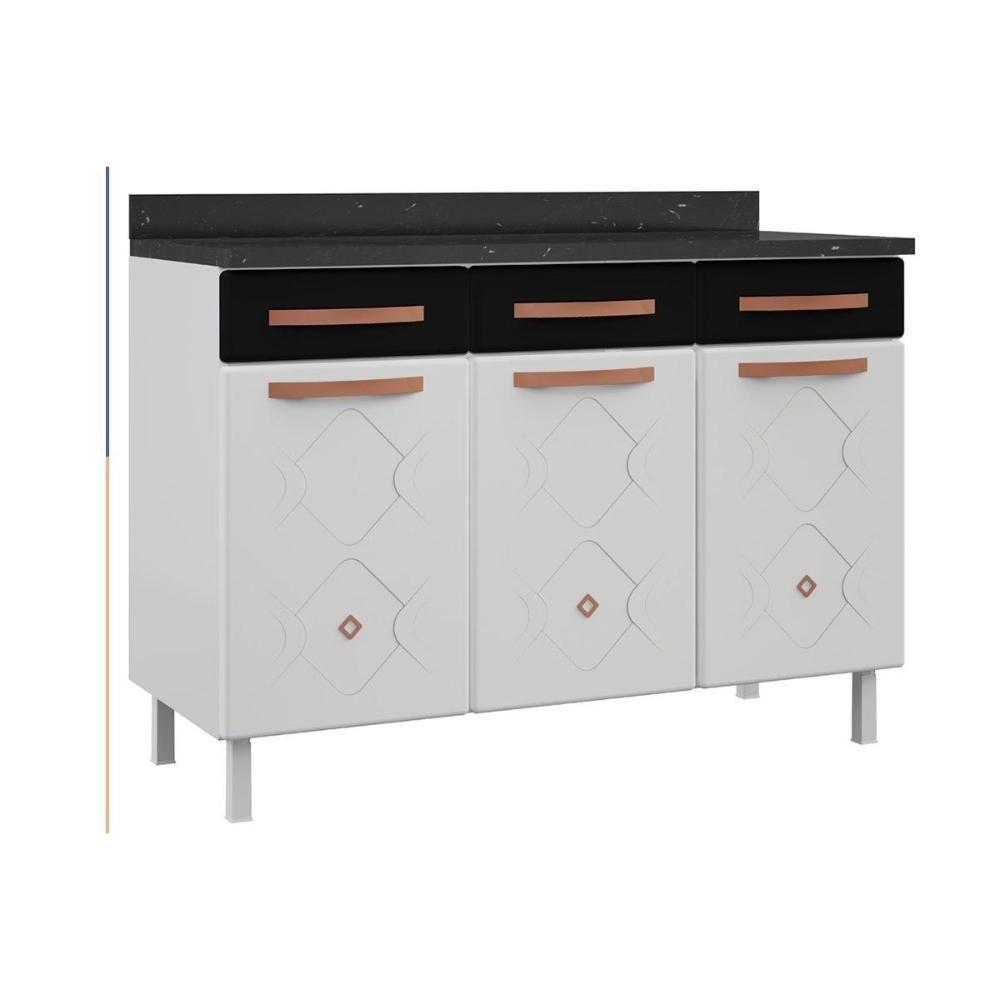 Gabinete p/Pia Cozinha Balcão Mirage New Aço 3 Portas e 3 Gavetas c/Tampo 120cm Branco/Preto - Telasul - 1