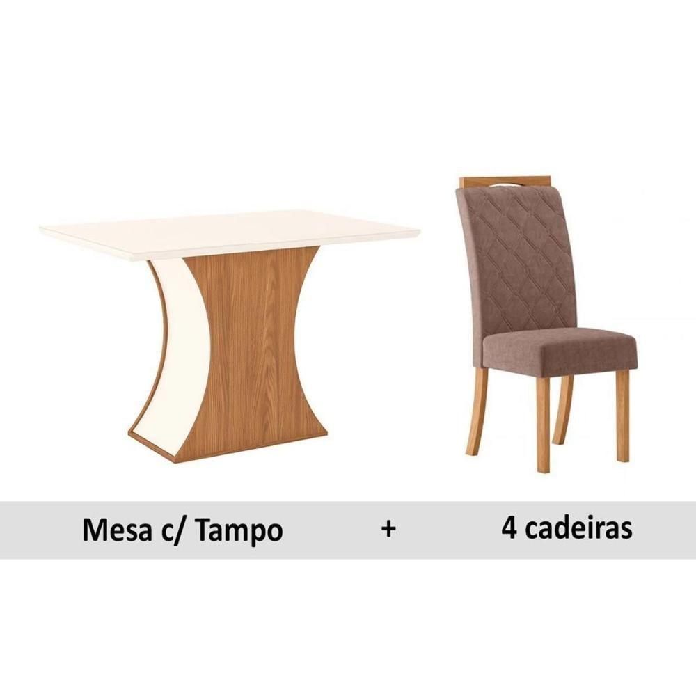 Sala de Jantar Completa Luiza Tampo Madeirado c/ Vidro Canto Reto 120x80cm e 4 Cadeiras Bella Nature/Marrom Amêndoa - Henn - 1