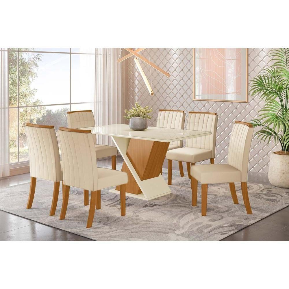 Sala De Jantar Completa Solus Tampo Madeirado C/ Vidro Curvo 160x90cm E 6 Cadeiras Tauá Nature/veludo Light Linho - Henn - 1