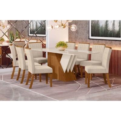 Sala De Jantar Completa Epic Tampo Madeirado C/ Vidro 200x90cm E 8 Cadeiras Tauá Nature/veludo Light Linho - Henn