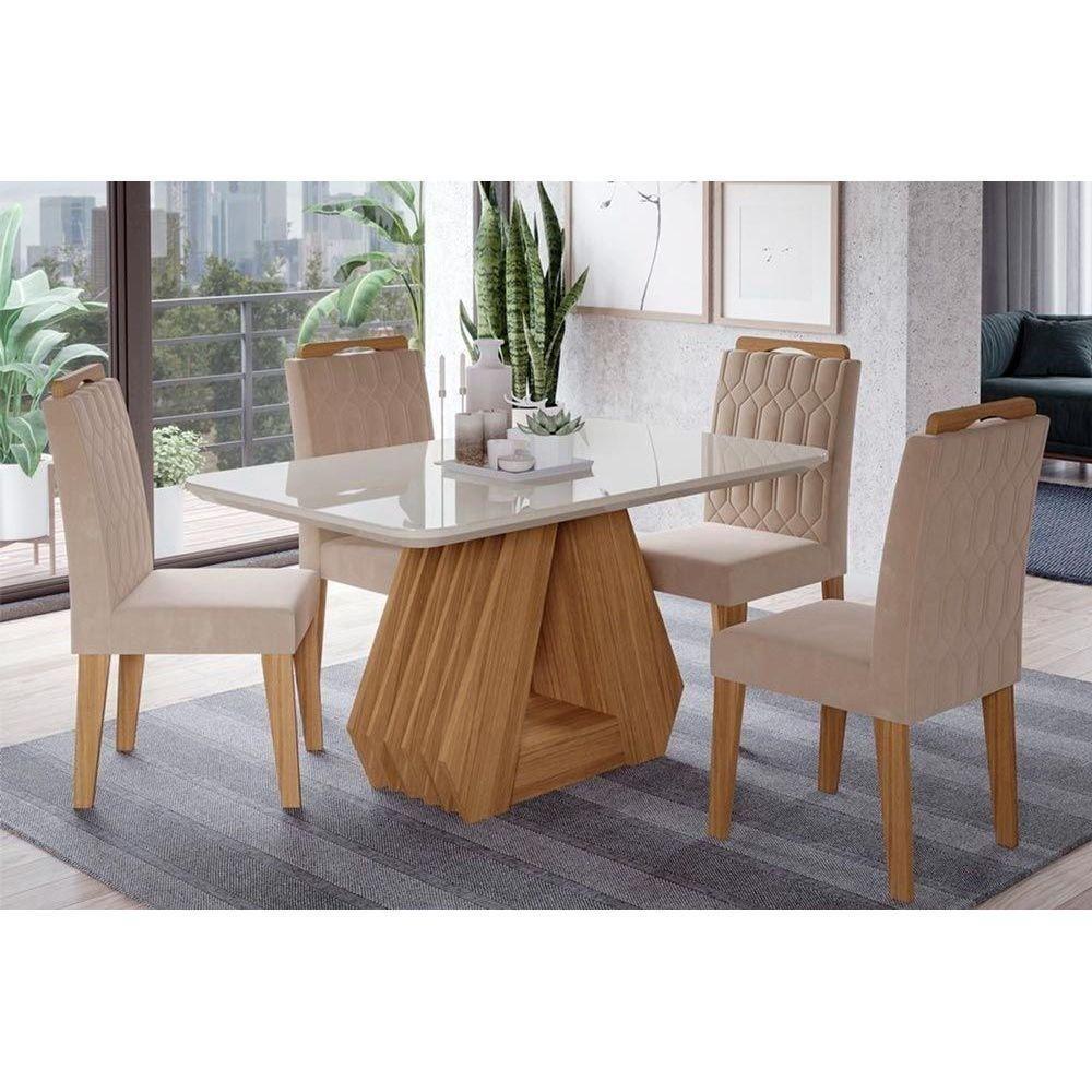 Sala de Jantar Completa Ágata Tampo Madeirado c/ Vidro 130x80cm e 4 Cadeiras Paola Nature/OW/Nude - Cimol - 1