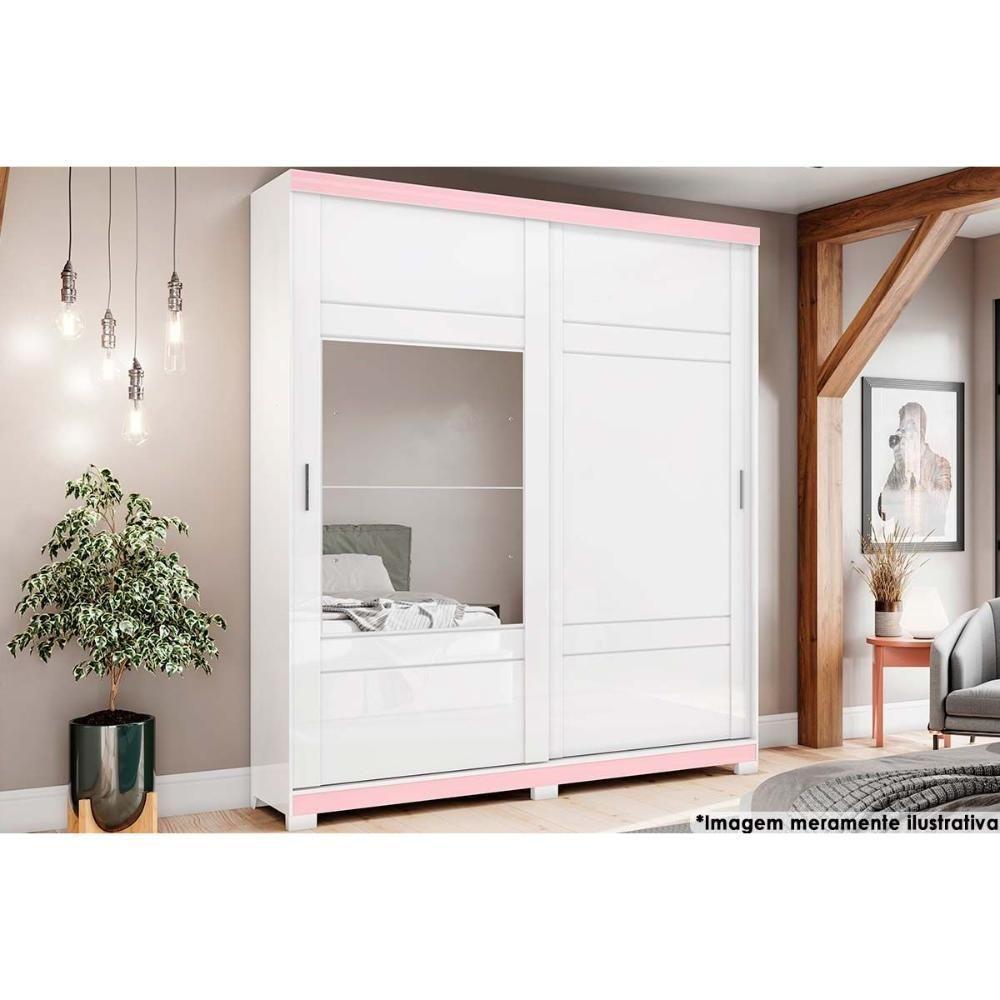 Guarda Roupa Casal 2 Portas de Correr e 3 Gavetas c/ Espelho e Pés Verg Branco/Rosa - Henn - 1