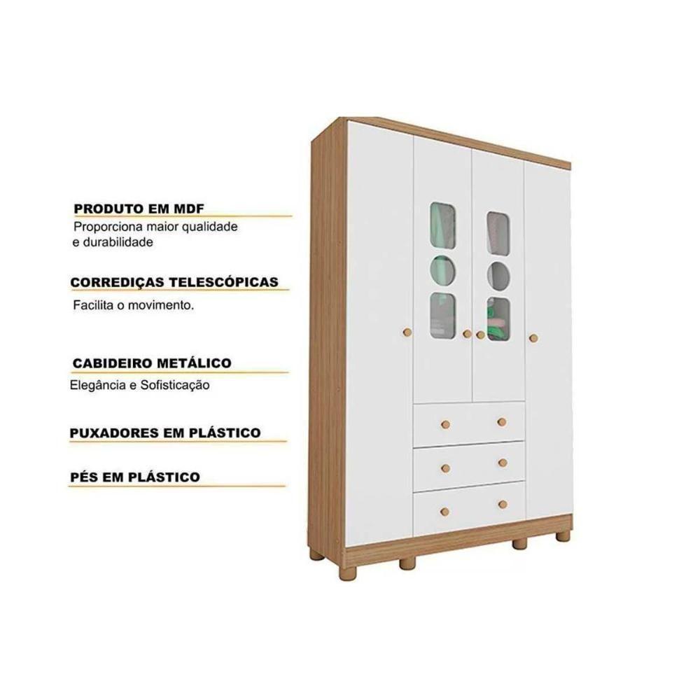 Guarda Roupa Infantil Tedy c/ 4 Portas e 3 Gavetas Branco - Peroba - 4