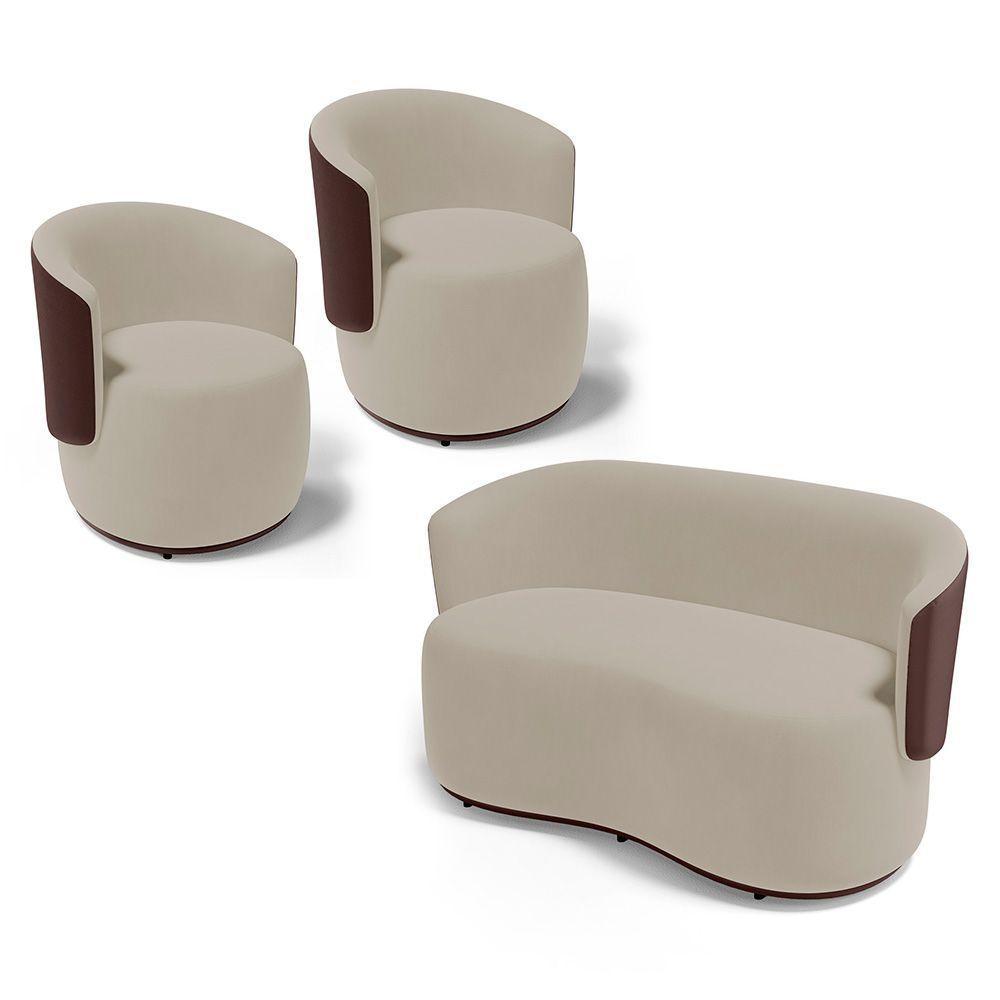 Kit 2 Poltronas E 1 Namoradeira Aisha Orgânica Composê Sintético Marrom E Suede Bege - Desk Design - 1