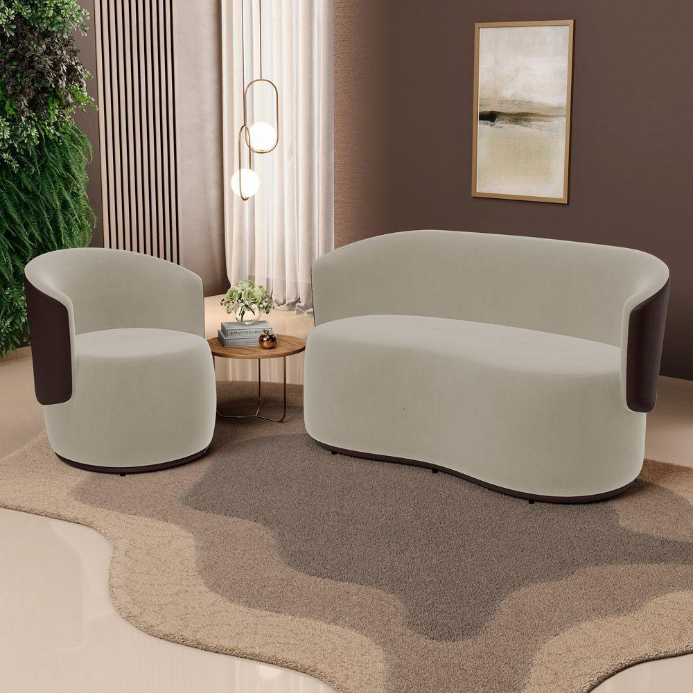 Kit 2 Poltronas E 1 Namoradeira Aisha Orgânica Composê Sintético Marrom E Suede Bege - Desk Design - 9