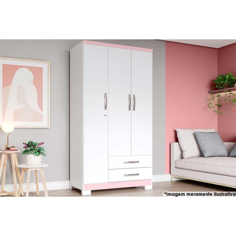 Guarda Roupa Solteiro 3 Portas e 2 Gavetas c/ Pés Açaí DA133 Branco/Rosa - Henn - 1