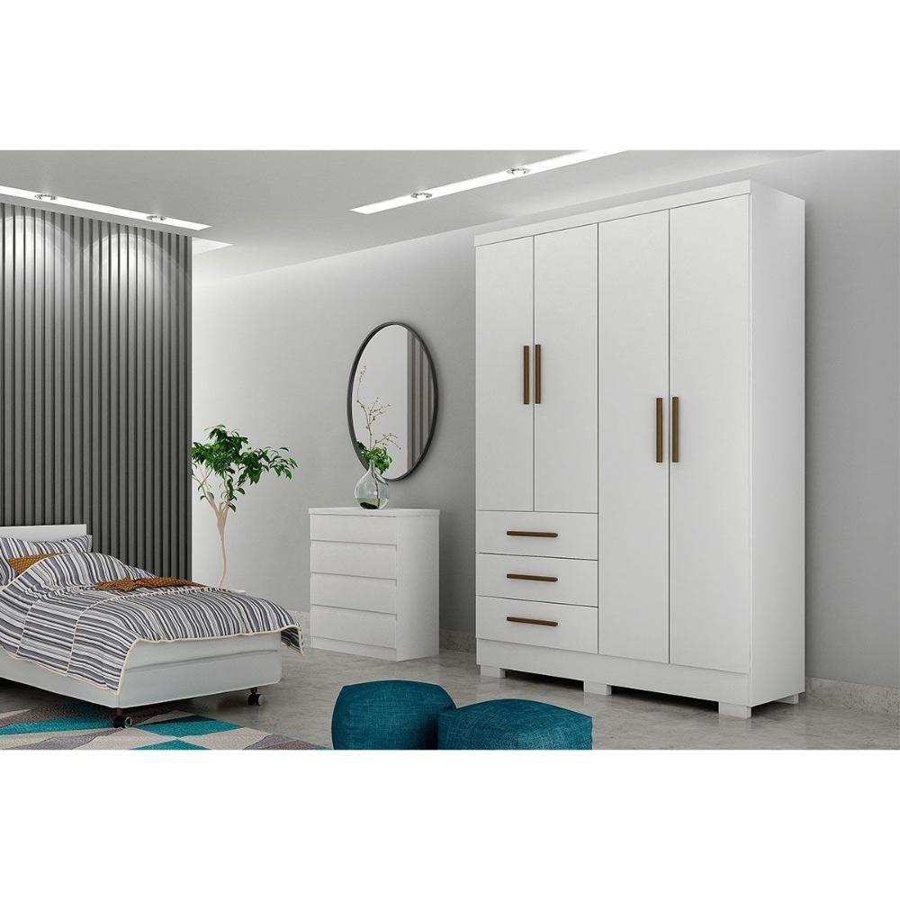 Guarda Roupa Solteiro 4 Portas e 3 Gavetas c/Pés Encant Branco - Novo Horizonte - 3