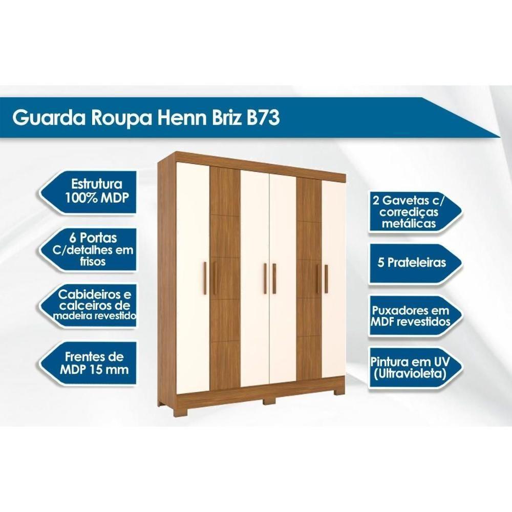 Guarda Roupa Solteiro 6 Portas e 2 Gavetas c/ Pés Briz B73 Nature/Off White - Henn - 3