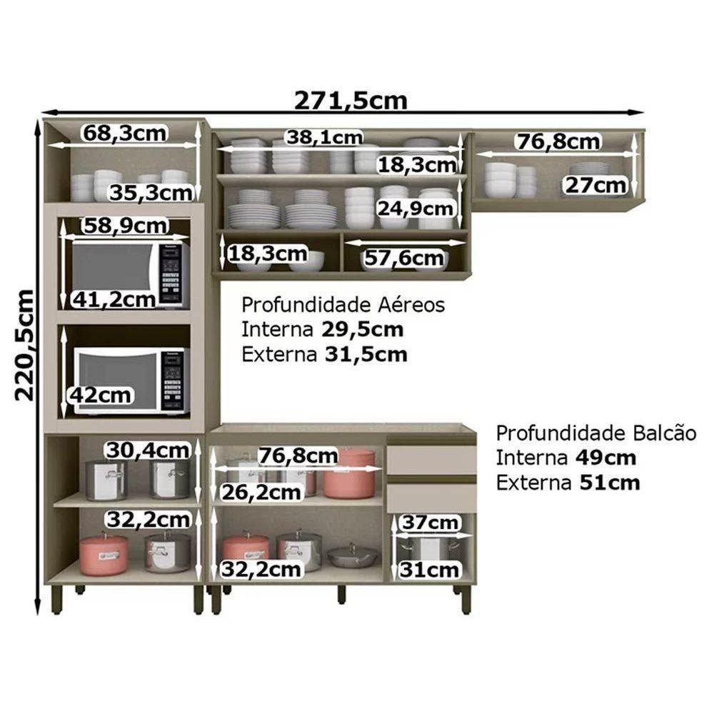 Cozinha Completa Connect 4 Peças (2Aéreo+1Paneleiros+1Balcão) s/Pia CPT98 Duna/Cristal - Henn - 5