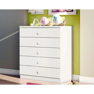 Cômoda de Quarto Bala Menta 5 Gavetas MDF com Puxadores de Metal Branco