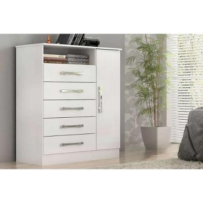 Cômoda de Quarto Madri 5 Gavetas em MDF com Puxador de Metal Branco com Porta e Nicho
