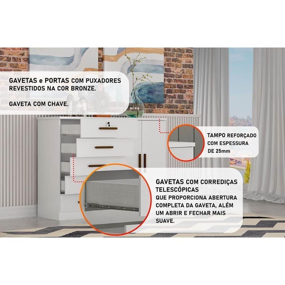 Cômoda de Quarto Space c/ 2 Portas e 5 Gavetas Branco - Novo Horizonte - 4