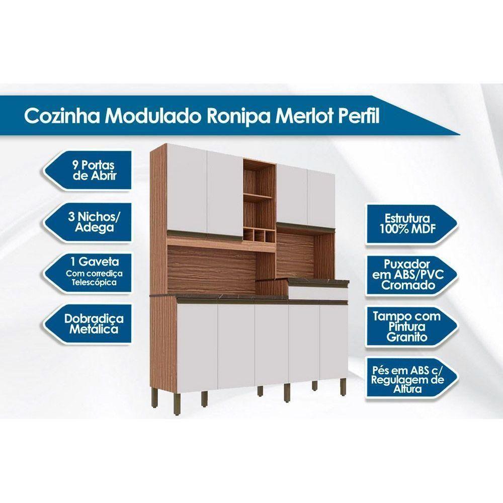 Cozinha Compacta Merlot Perfil c/ 9 Portas e 1 Gaveta Sevilha/Cinza - Ronipa - 2