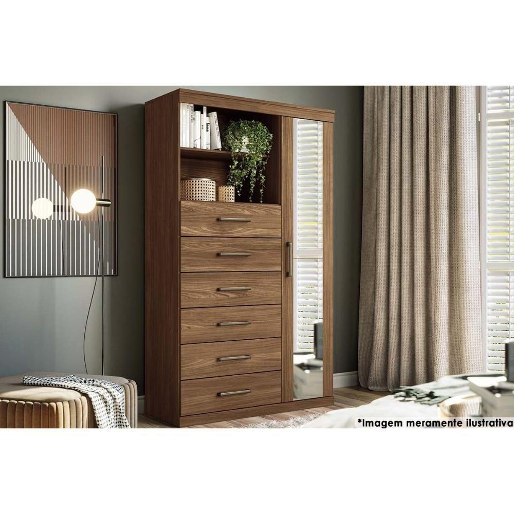 Cômoda de Quarto Marabá 1.6 c/ 1 Porta 2 Nichos e 6 Gavetas c/ Espelho Jatoba - Santos Andirá - 1