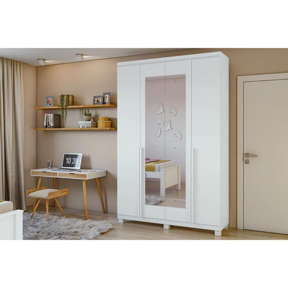 Guarda Roupa Solteiro 4 Portas e 2 Gavetas c/ Espelho e Pés Alonzo Branco - Lopas - 1