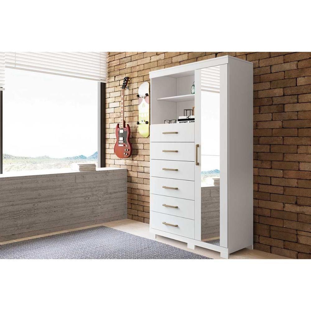 Cômoda de Quarto Marabá 1.6 c/ 1 Porta 2 Nichos e 6 Gavetas c/ Espelho e Pés Branco - Santos Andirá - 1