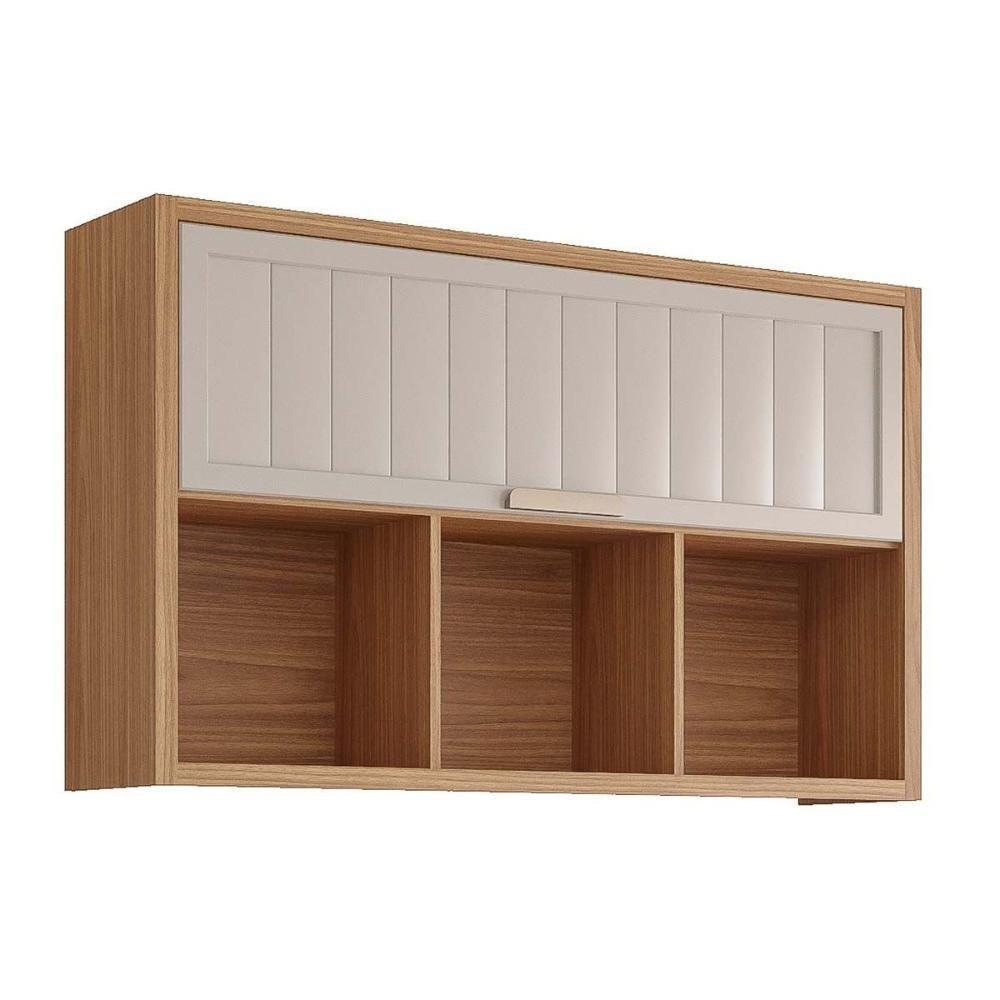 Armário Aéreo p/ Cozinha Estela c/3Nichos e 1 Porta Basculante Ripada 120 cm Freijo/Off White - MGM - 1