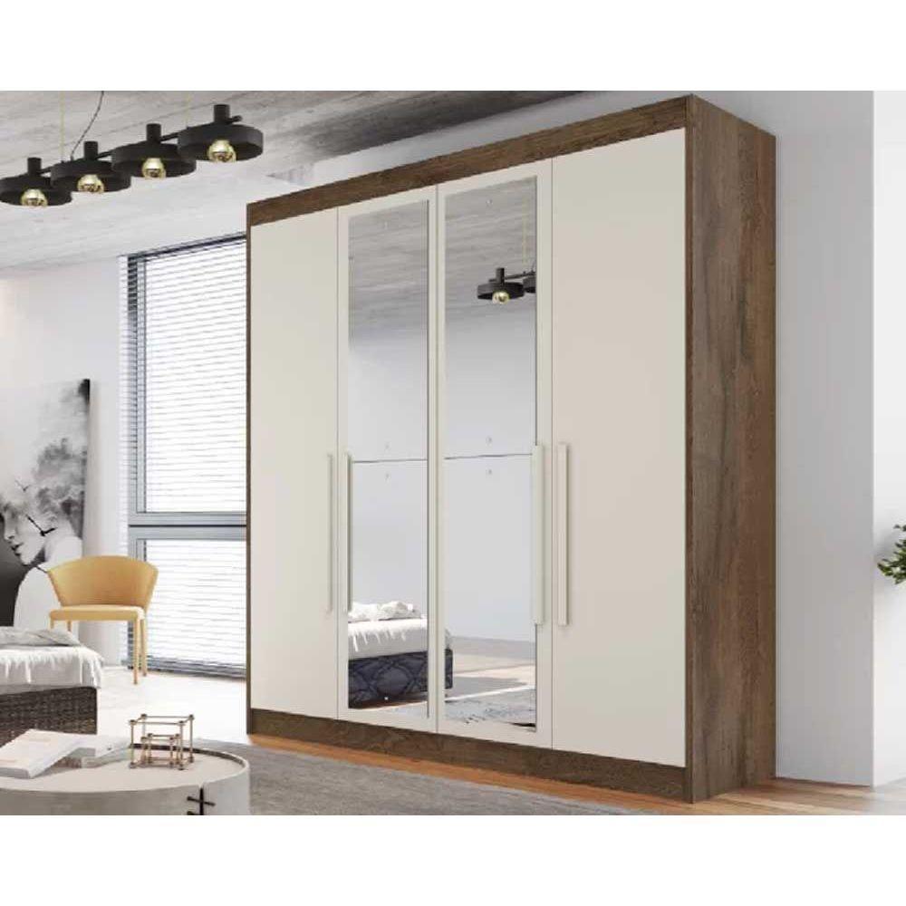 Guarda Roupa Solteiro 3 Gavetas e 4 Portas c/2 Espelho Nantes Braúna/Off White - Europa - 1