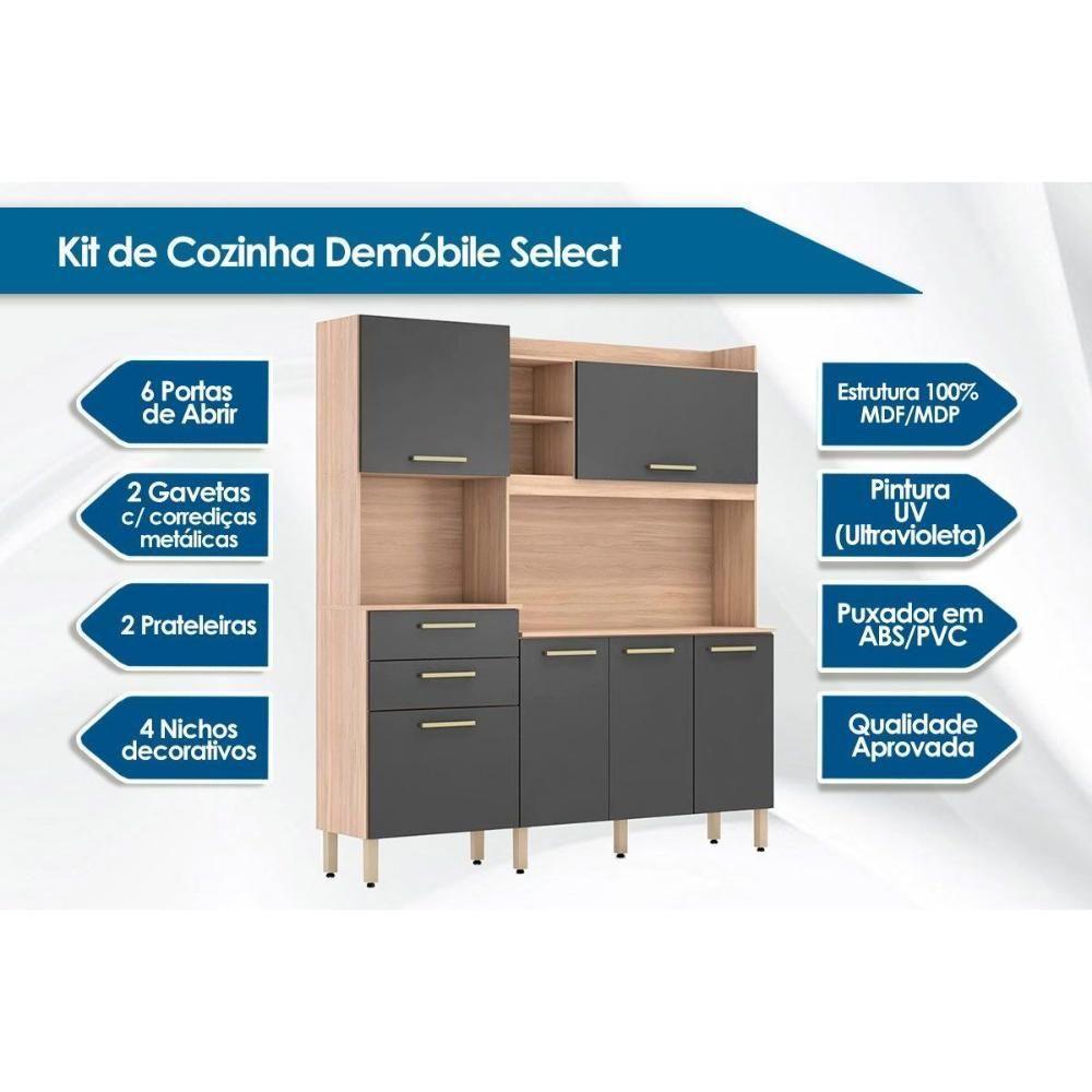 Kit de Cozinha Compacta Select c/ 6 Portas e 2 Gavetas 178x194 Amendola/Branco - Demóbile - 8