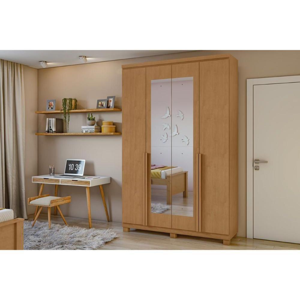 Guarda Roupa Solteiro 4 Portas e 2 Gavetas c/ Espelho e Pés Alonzo Amêndoa - Lopas - 1