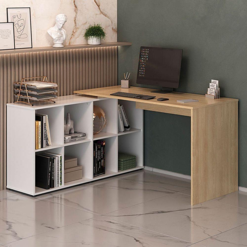 Escrivaninha De Canto Em L 8 Nichos - Casa Chick Carvalho-branco - 4