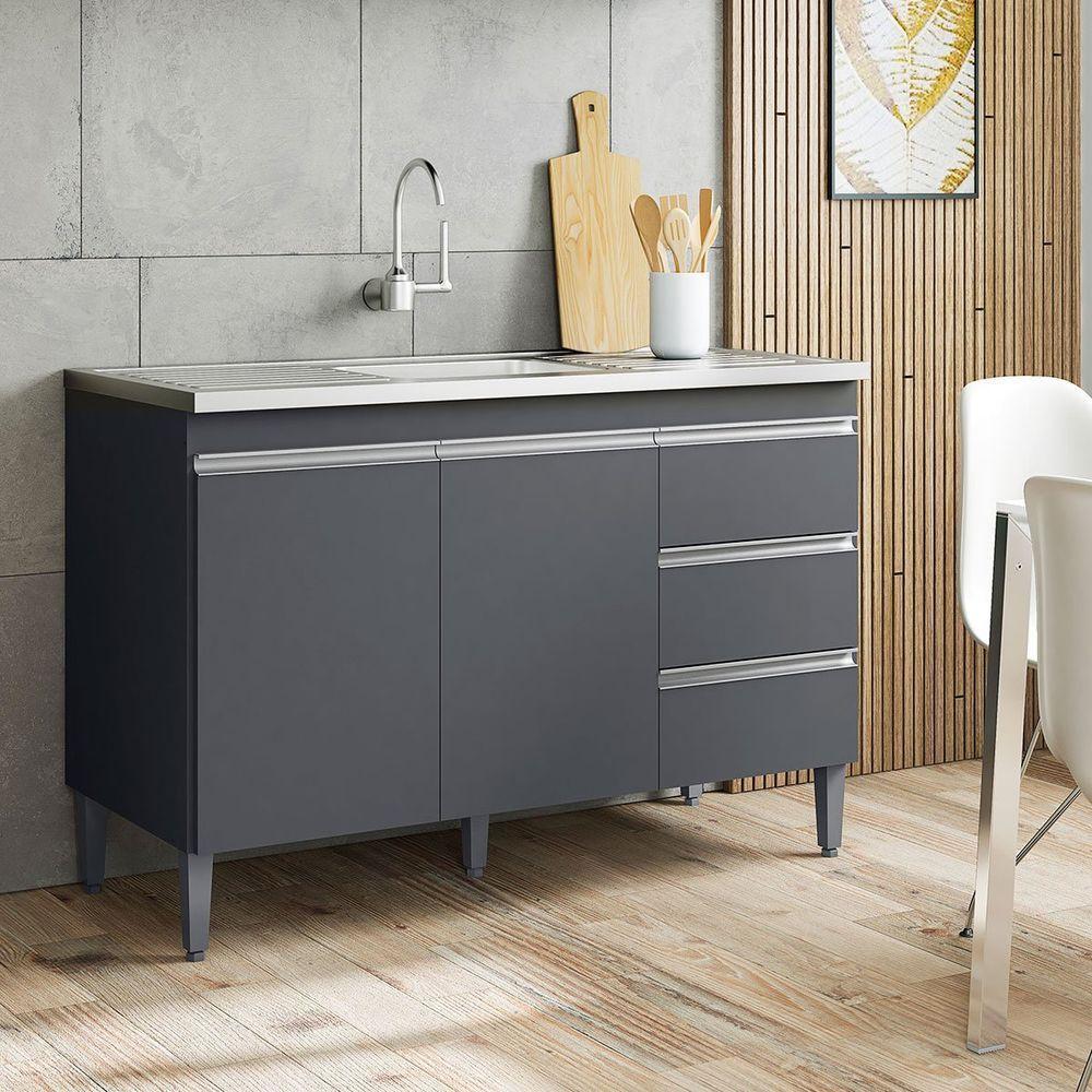 Balcão De Pia 100 Cm Adriana 2 Portas 3 Gavetas Cinza - 2