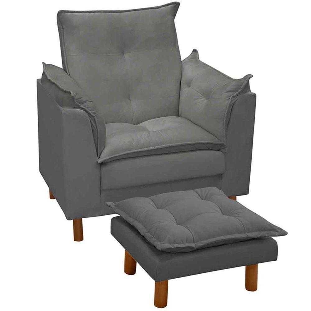Poltrona De Amamentação Com Puff Veludo Cinza - Casa Chick - 1