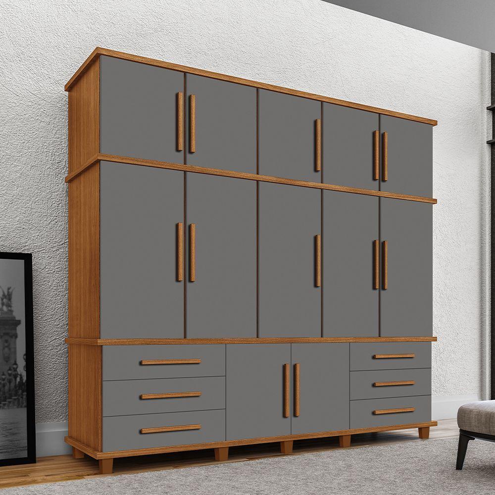 Guarda Roupa Londres 5 Portas 6 Gavetas Com Sapateira - Carvalho New/cinza - Cor: Bege - 1