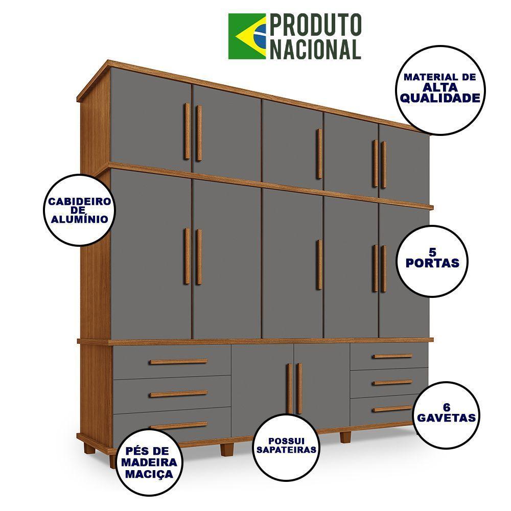 Guarda Roupa Londres 5 Portas 6 Gavetas Com Sapateira - Carvalho New/cinza - Cor: Bege - 3