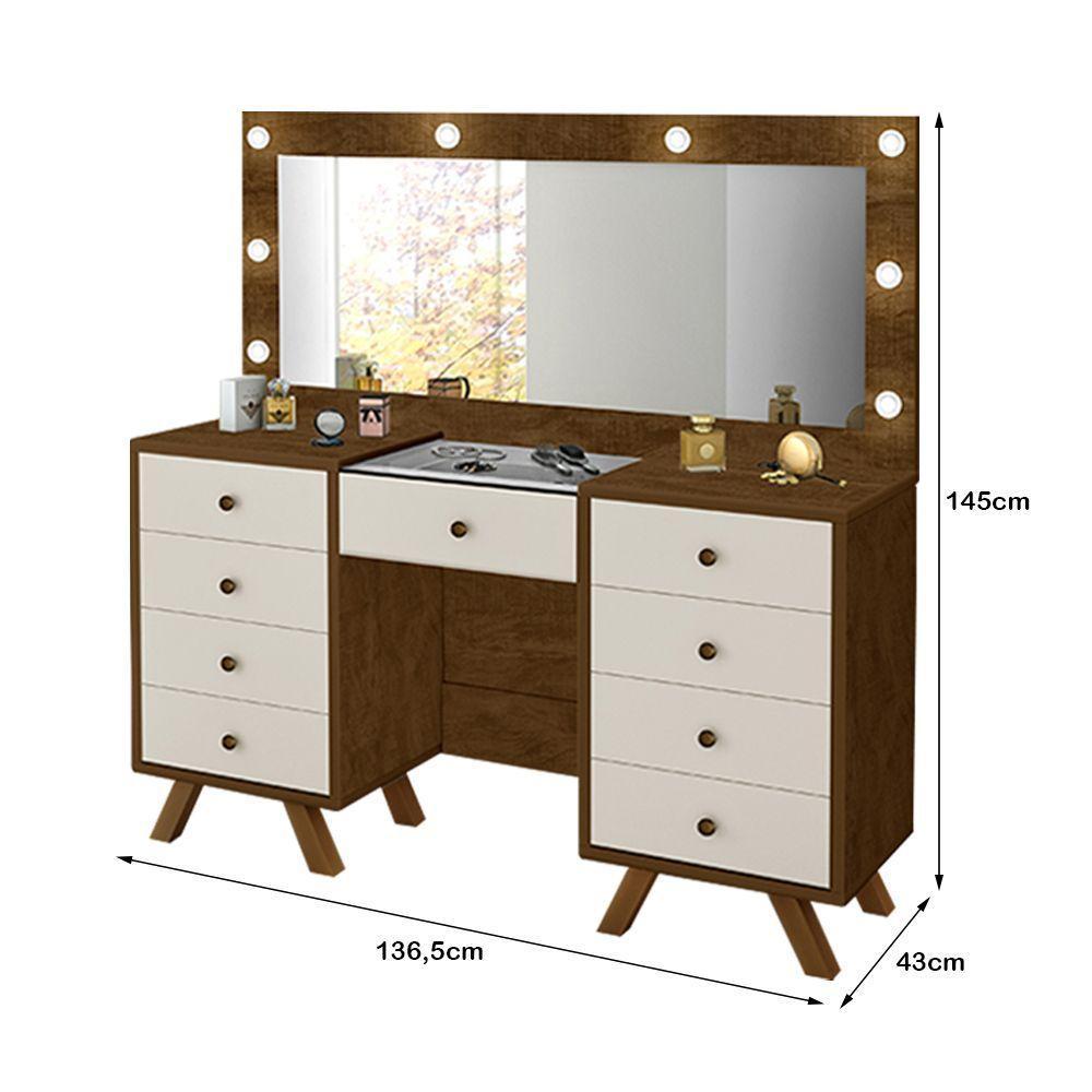 Penteadeira Mila Camarim Com 8 Gavetas E Porta Joias Com Tampo De Vidro Malbec - Off White - 3