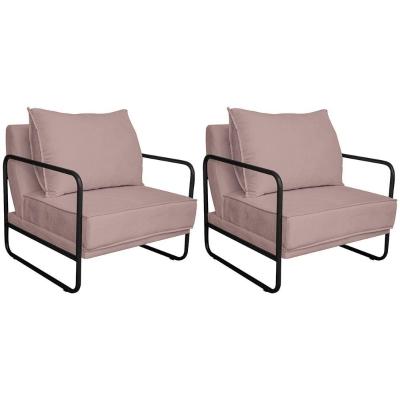 Kit 02 Poltronas Decorativas Sevilha Base De Ferro Preta Linho Cor Rosê