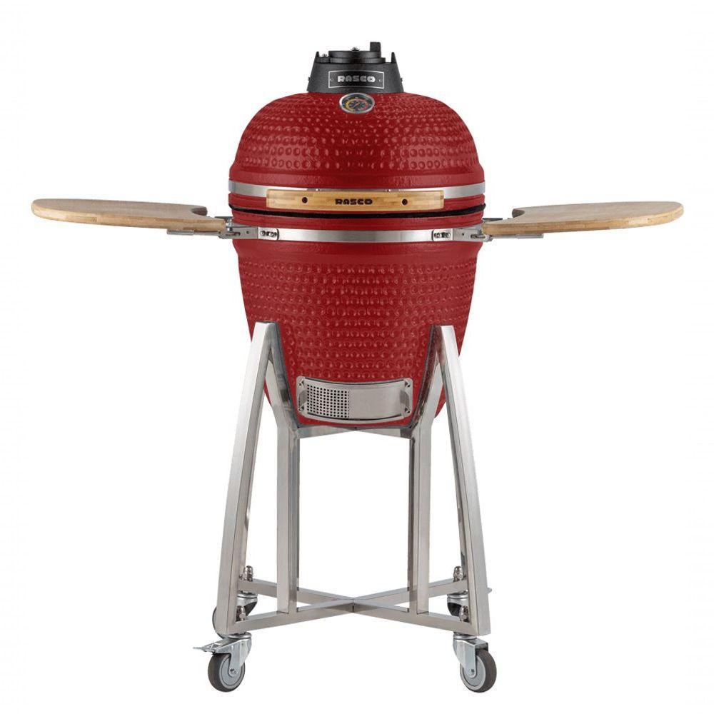 Churrasqueira Kamado Médio Rasco Vermelho C/ Grelha Aço Inox, Suporte E Mesas. Ideal P/ 8 Pessoas Vermelho - 1