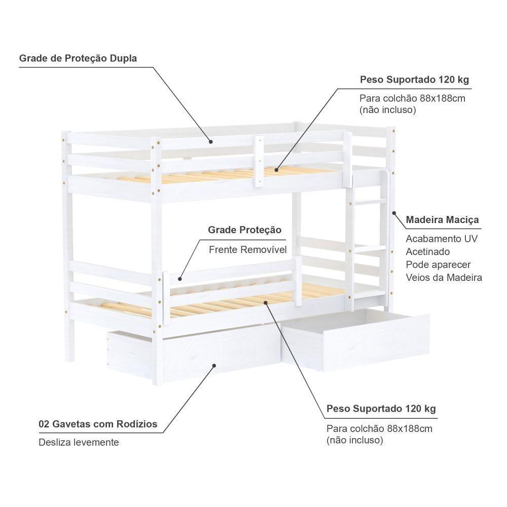 Beliche Infantil Slim Rb Com 02 Gavetas E Grade De Proteção Madeira Maciça Branco Housin - 4