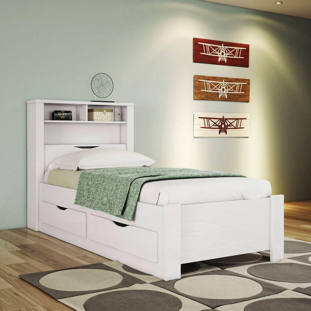 Cama Solteiro Infinity Com Baú E 2 Gavetas - Casa Chick Branco - 4