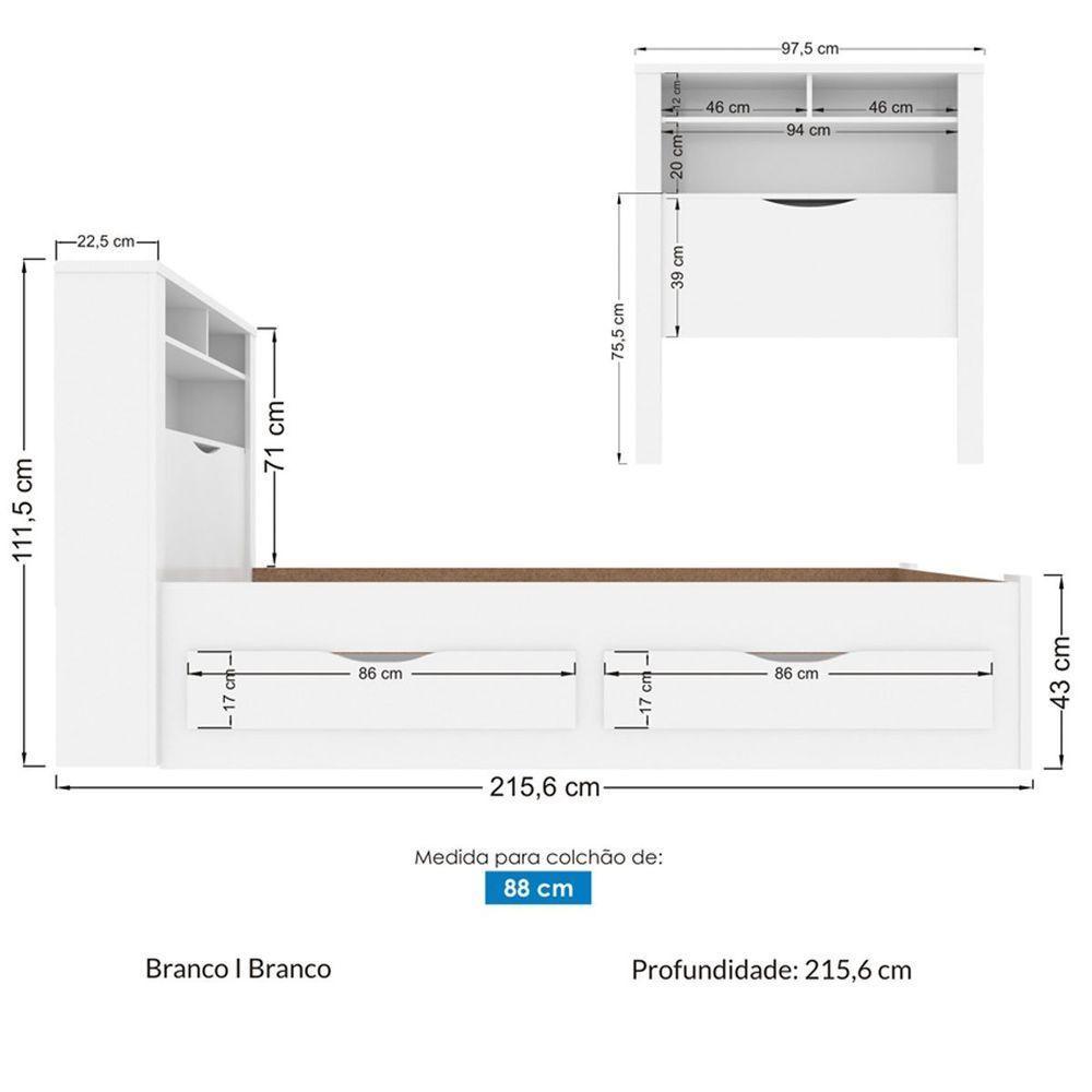 Cama Solteiro Infinity Com Baú E 2 Gavetas - Casa Chick Branco - 5