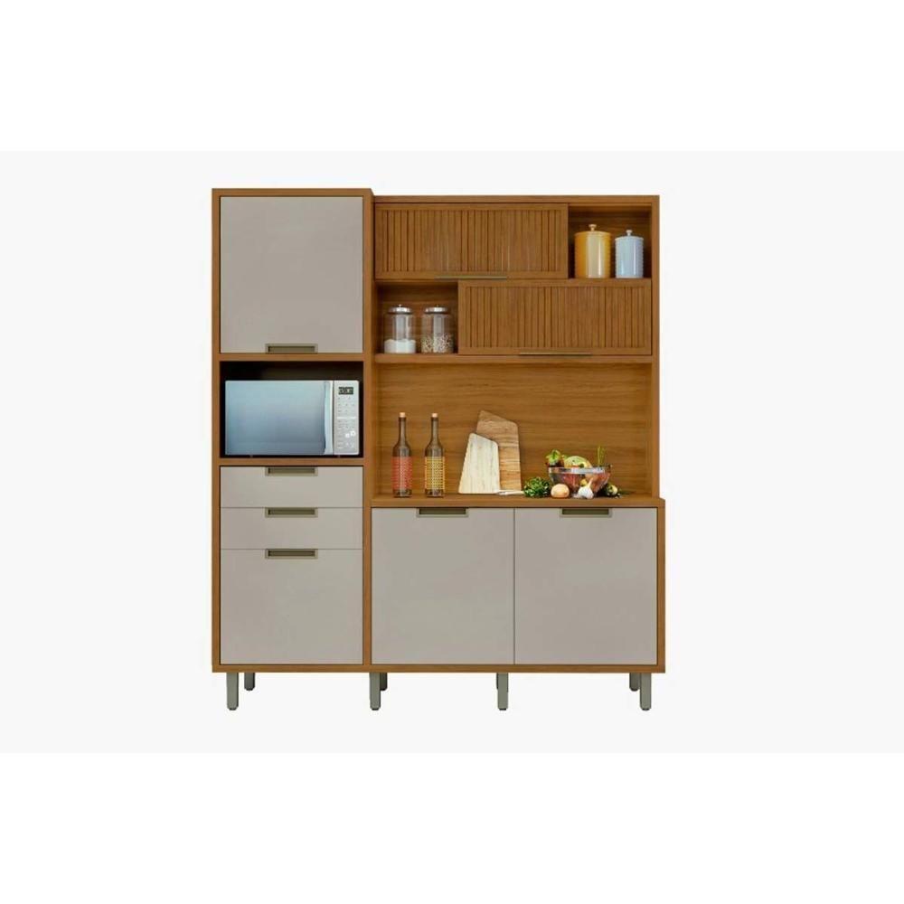 Kit de Cozinha Compacta Loft Imperatriz 3Nichos Microondas c/6Portas e 2Gavetas Ripado 183x212cm Freijo/Off White - Nesher - 1