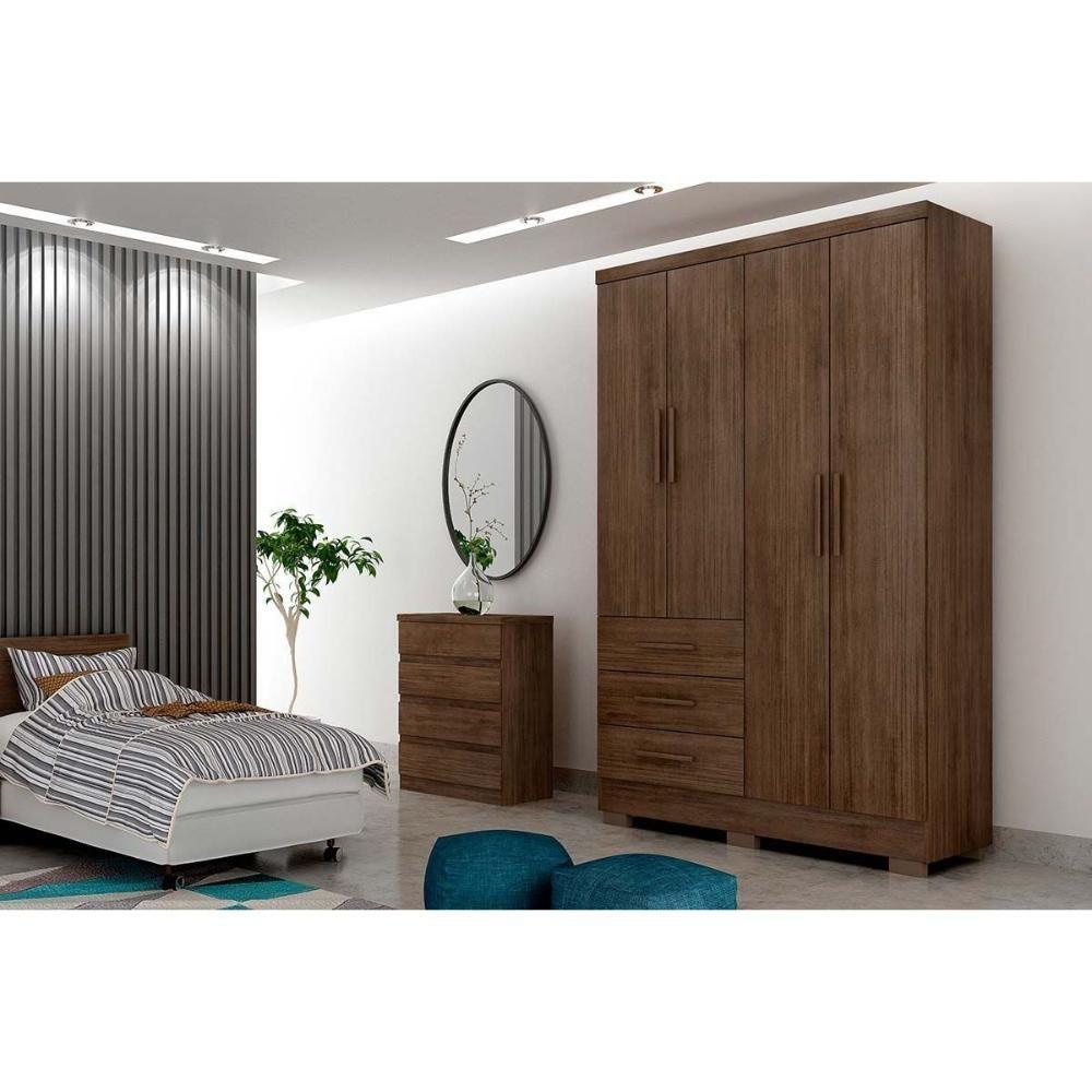 Guarda Roupa Solteiro 4 Portas e 3 Gavetas c/Espelho e Pés Encanto Freijo Cumaru c/ Fendi - Novo Horizonte - 3