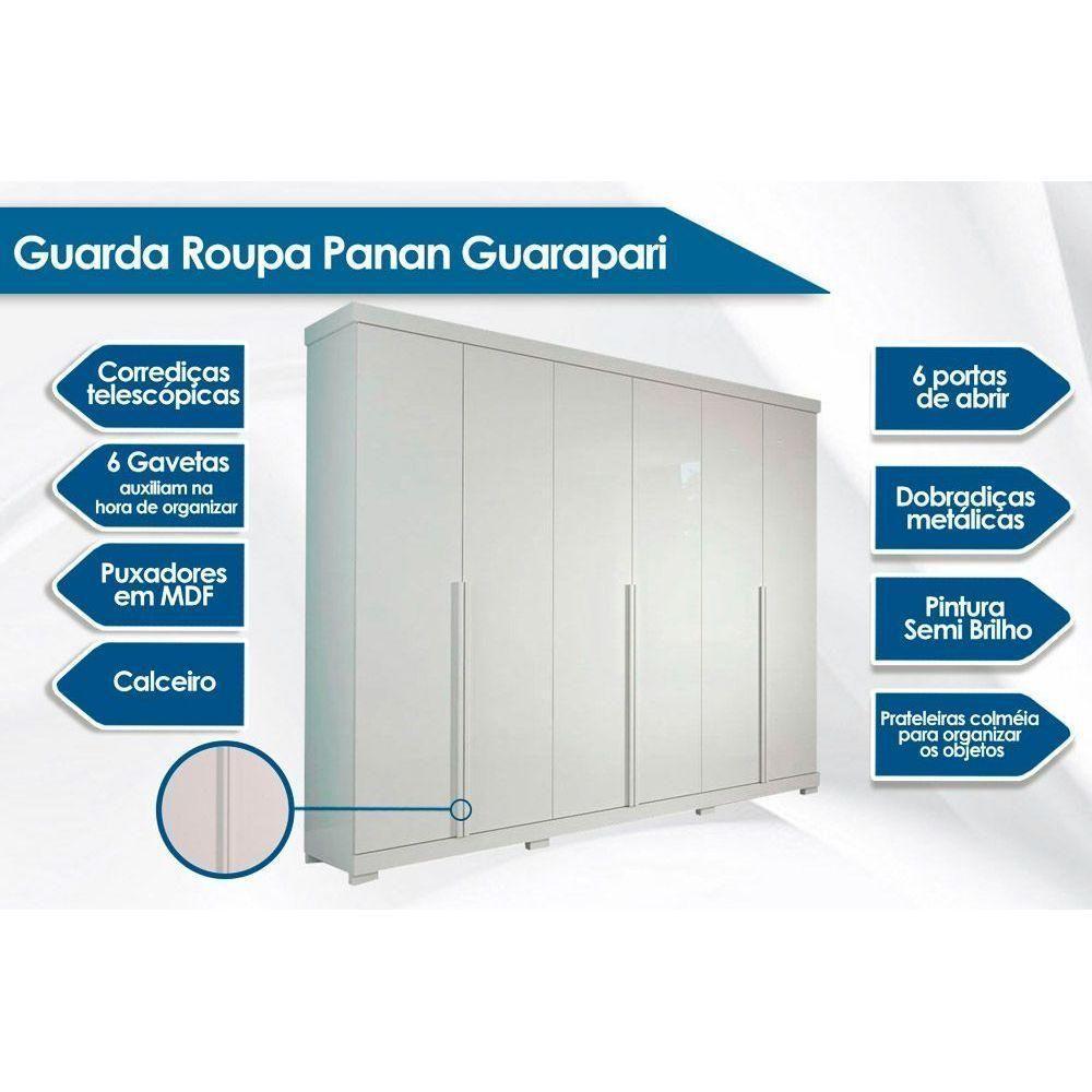 Guarda Roupa Casal 6 Portas e 6 Gavetas c/ Pés Guarapari Branco - Panan - 5