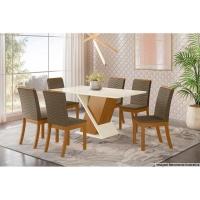 Sala de Jantar Completa Solus c/ Tampo Madeirado 160x90cm e 6 Cadeiras Isa Nature/Veludo Light Bege Vanilla - Henn - 1