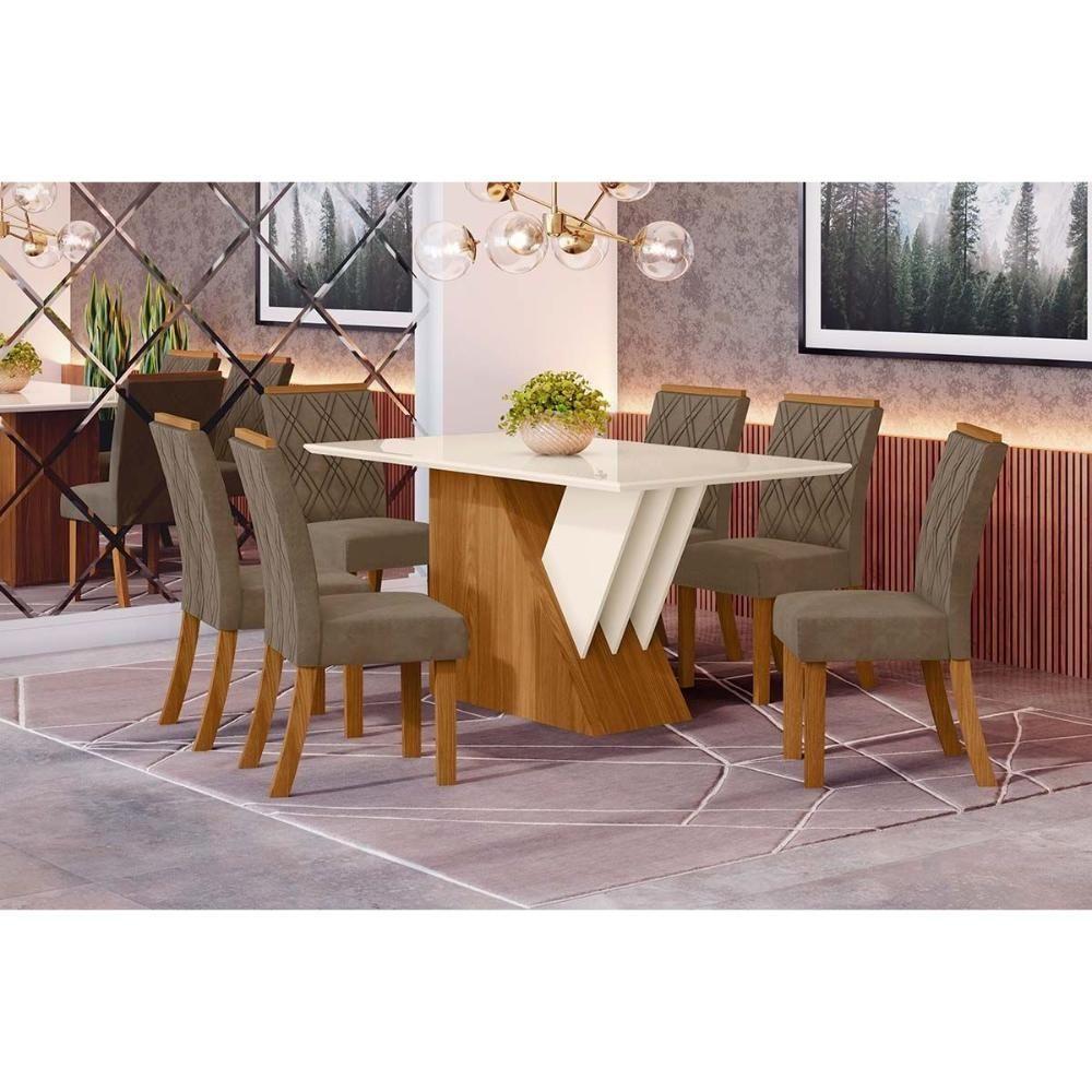 Sala de Jantar Completa Epic Tampo Madeirado c/ Vidro 160x90cm e 6 Cadeiras Vita Nature/Veludo Light Bege Vanilla - Henn - 1
