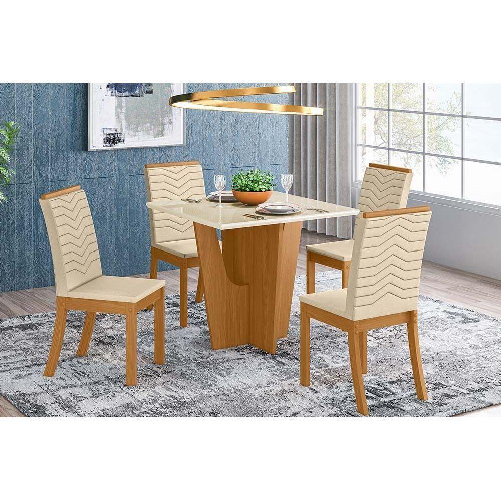 Sala de Jantar Completa Vértice Tampo Madeirado c/ Vidro 90x90cm e 4 Cadeiras Isa Nature/Veludo Light Linho - Henn - 1