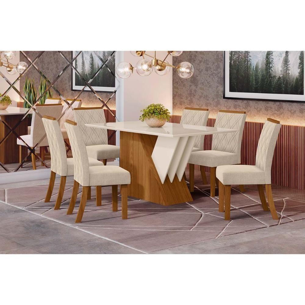 Sala de Jantar Completa Epic Tampo Madeirado c/ Vidro 160x90cm e 6 Cadeiras Vita Nature/Veludo Light Linho - Henn - 1