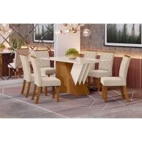 Sala de Jantar Completa Epic Tampo Madeirado c/ Vidro 160x90cm e 6 Cadeiras Vita Nature/Veludo Light Linho - Henn - 1