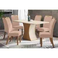 Sala de Jantar Completa Luiza Tampo Madeirado c/ Vidro 160x90cm e 6 Cadeiras Bella Nature/Veludo Light Linho - Henn - 1