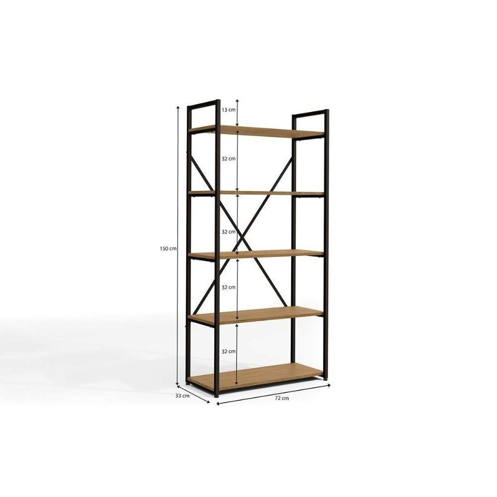 Estante p/Sala Industrial Alta LI006 Aço c/5 Prateleiras 72x152cm Freijo/Preto - Kappesberg - 3