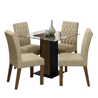 Conjunto de Jantar Noemi 4 Lugares Tampo de Vidro com Cadeiras Estofadas Rustic Preto Imperial
