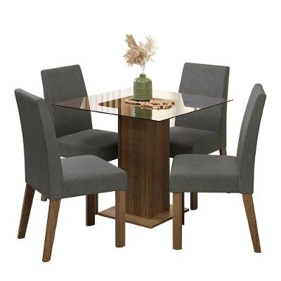 Conjunto Sala de Jantar Ivy 4 Lugares Tampo de Vidro com Cadeiras Estofadas Suede Marrom